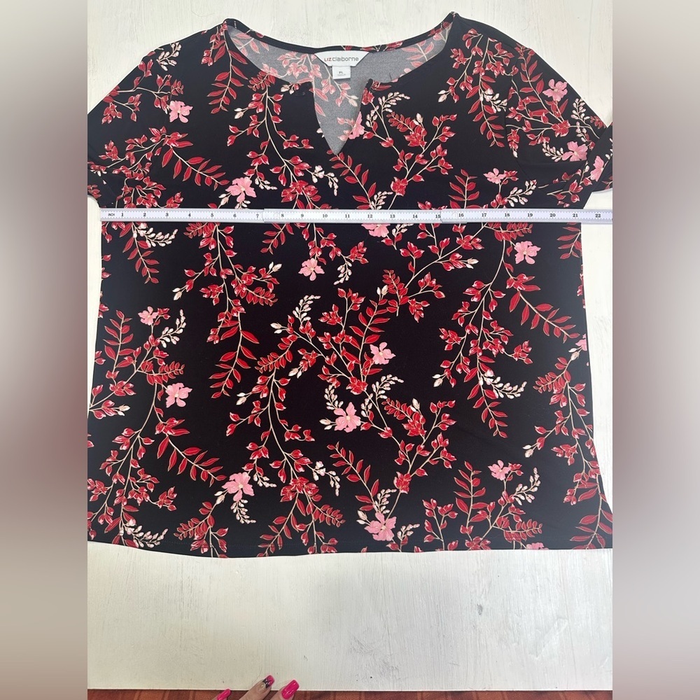 Liz Claiborne PL Floral Blouse Bell Sleeve Black Red Pink Top - Picture 3 of 8